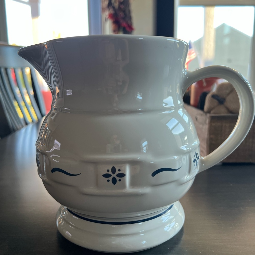 Longaberger White and Blue Ceramic Pitcher - 2qt
